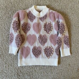 Pink Heart Patterned Sweater with Pearl Details
